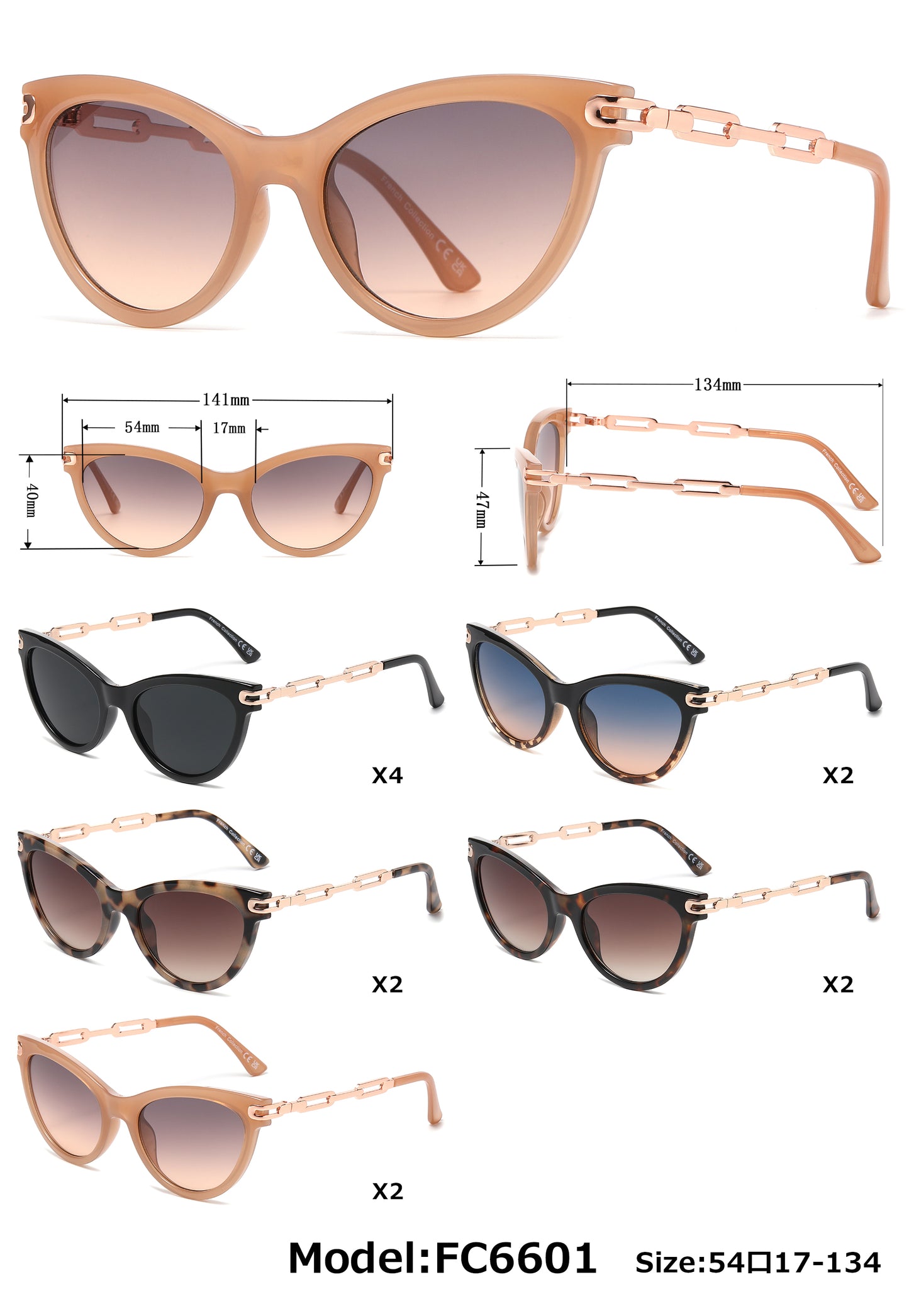 FC 6601 - Cat Eye with Chain Detail on Temple Plastic Sunglasses