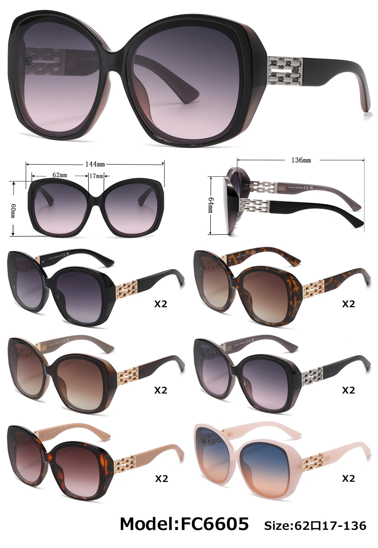 FC 6605 - Butterfly Women Plastic Sunglasses With Chain Detail on Temple