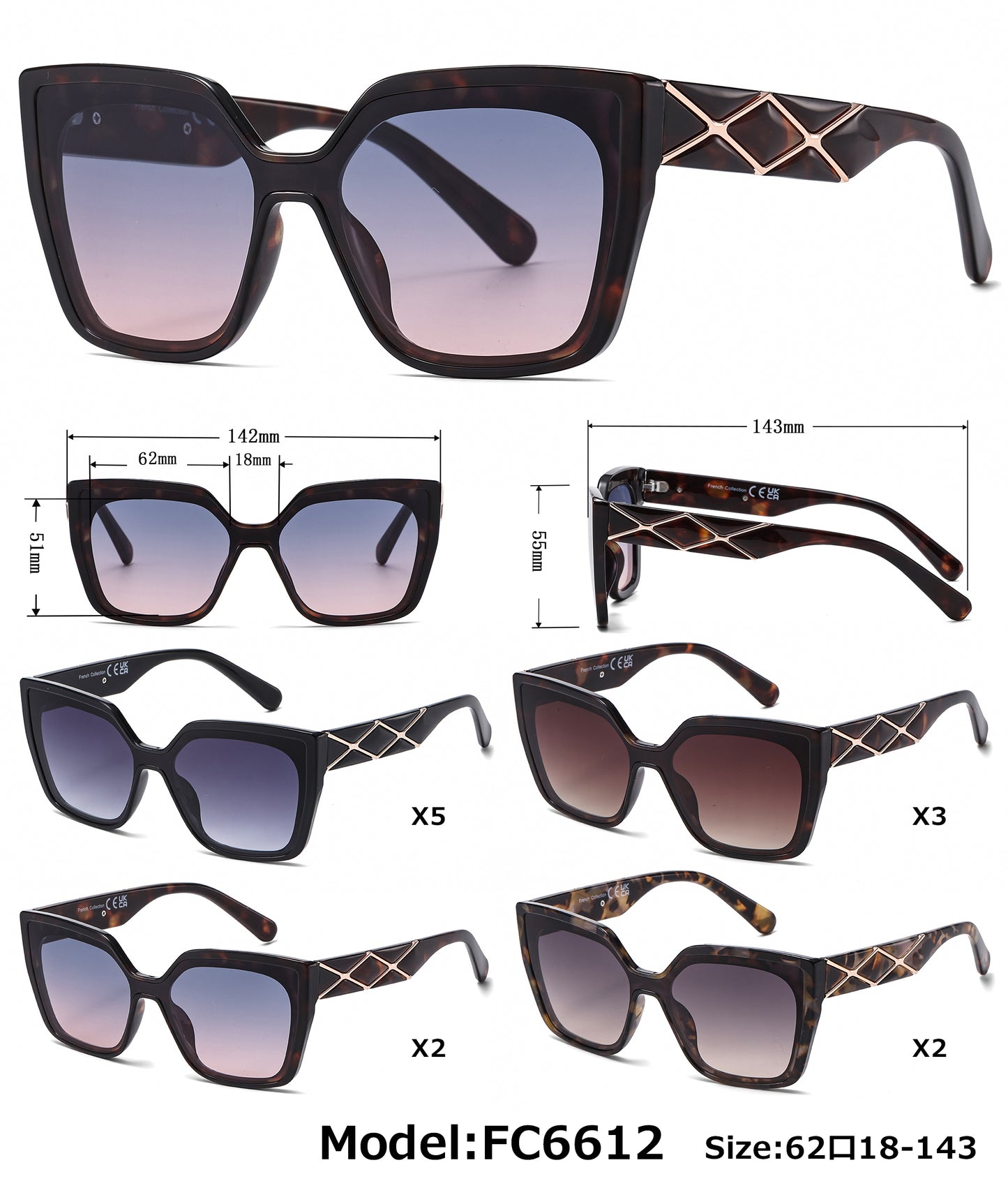 FC 6612 - One Piece Lens Square Decorative Temple Plastic Sunglasses