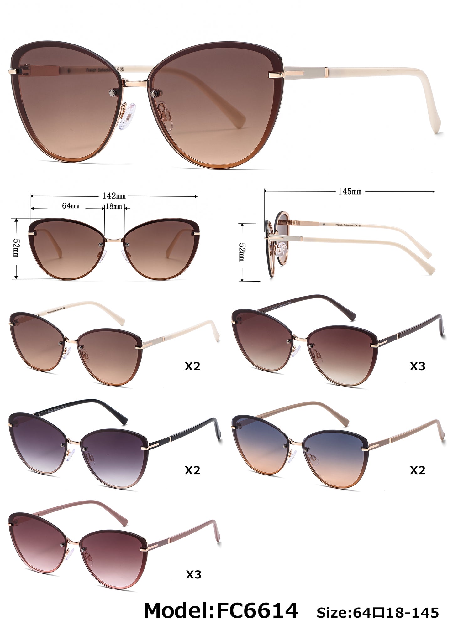 FC 6614 - Rimless Classic Cat Eye Metal Sunglasses