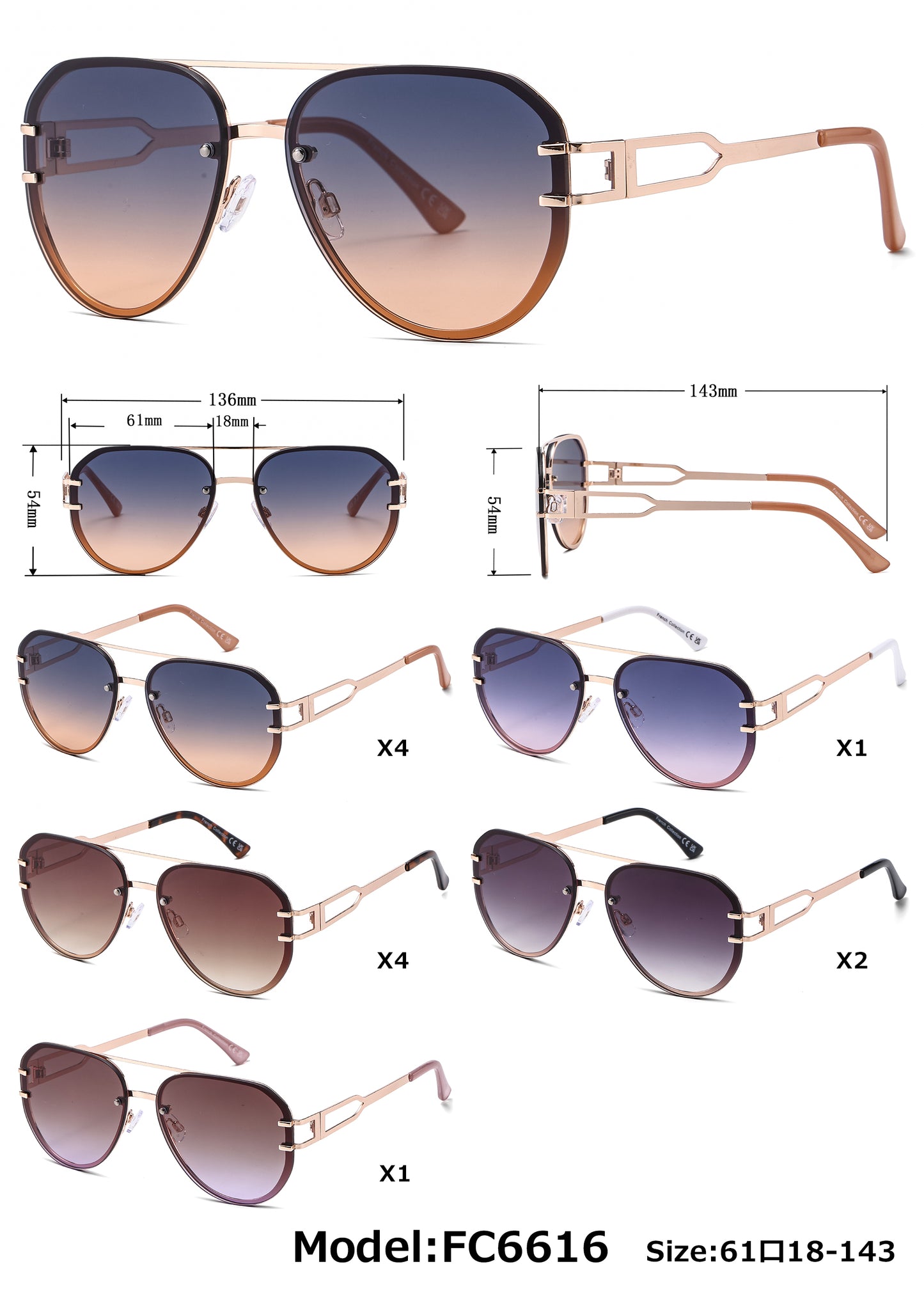 FC 6616 - Large Rimless Metal Aviator Sunglasses