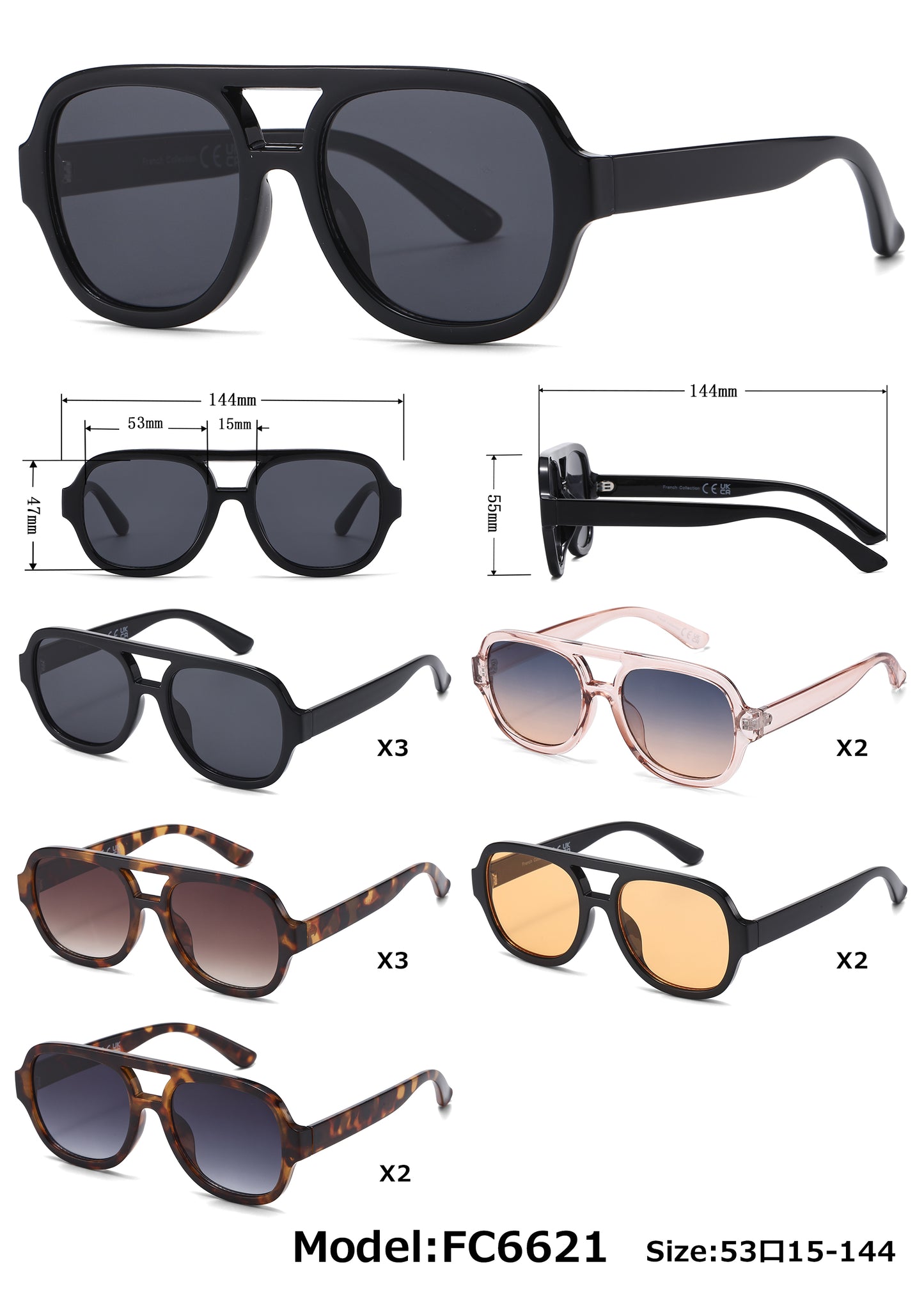 FC 6621 - Plastic Flat Top Aviator Sunglasses
