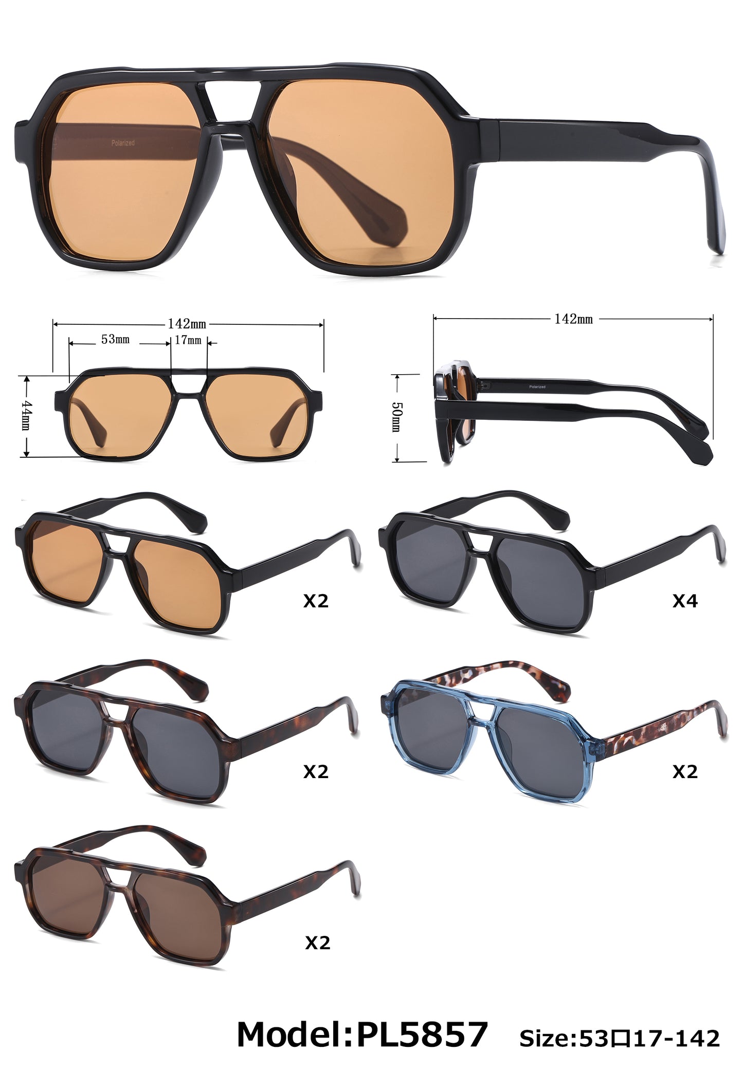 PL 5857 - Square Brow Bar Polarized Plastic Sunglasses