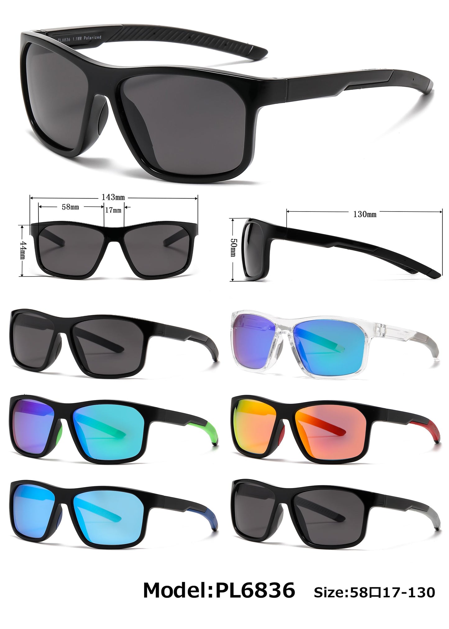 PL 6836 - Polarized Classic Sport with Color Mirror Lens Plastic Sunglasses