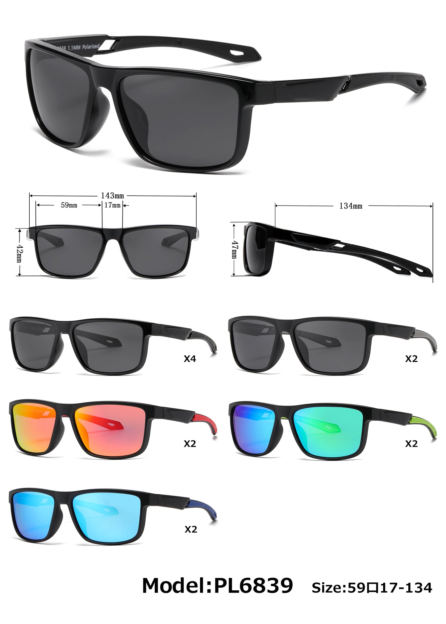 PL 6839 - Rectangular Men Sport Polarized Plastic Sunglasses with Color Mirror Lens