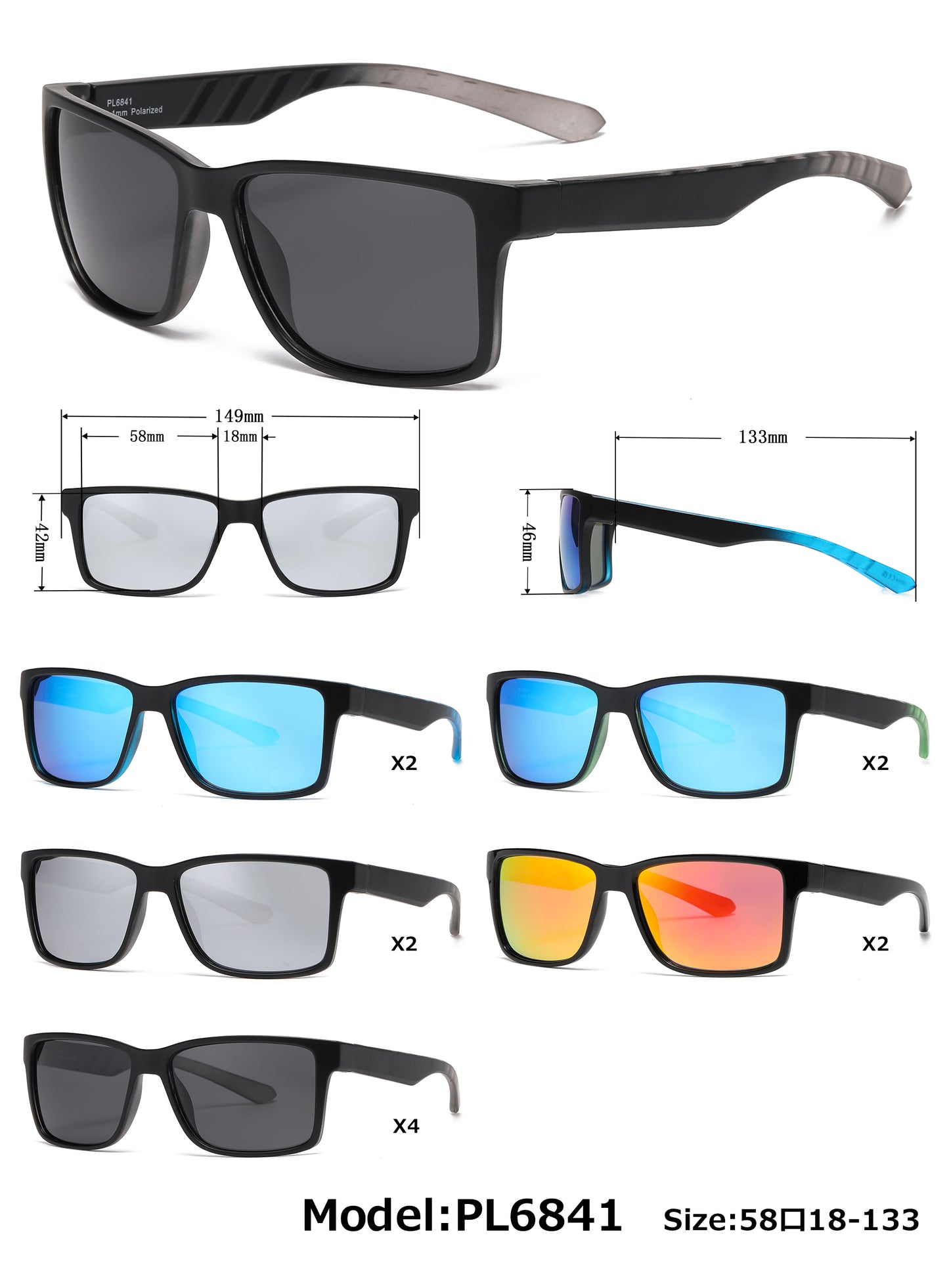 PL 6841 - Rectangular Men Sport Polarized Plastic Sunglasses with Color Mirror Lens