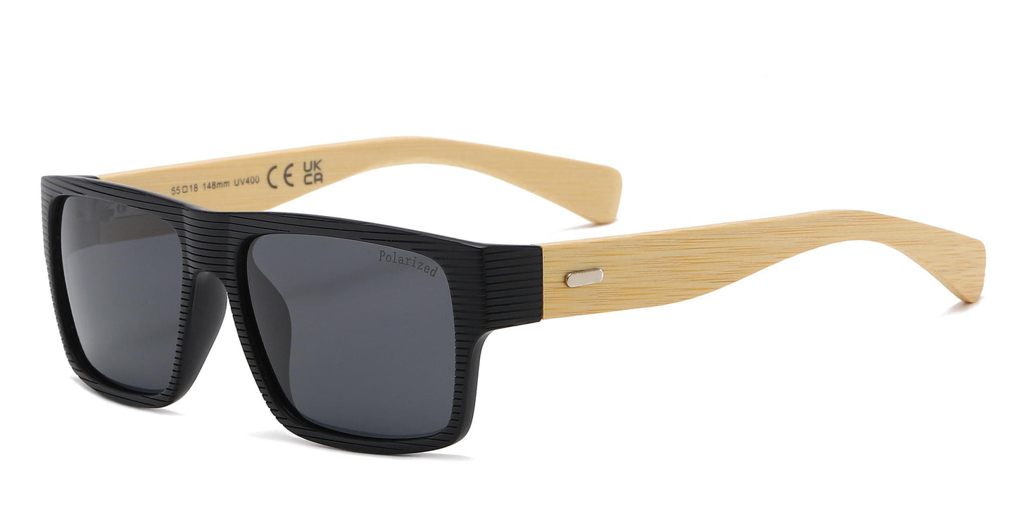 PL 7875 - Rectangular Rigid Frame Flat Top Bamboo Polarized Sunglasses