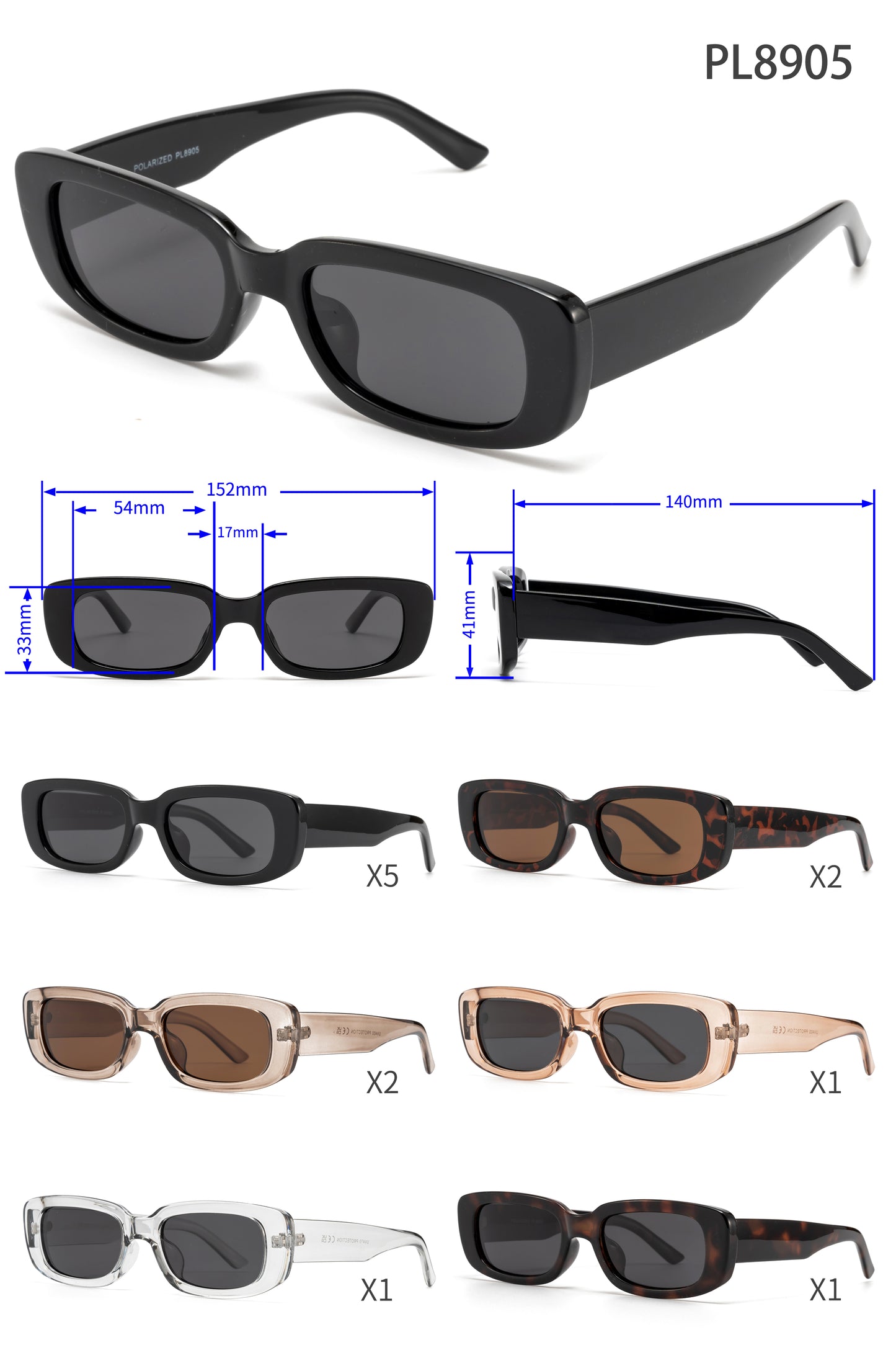 PL 8905 - Polarized Rectangular Plastic Sunglasses with Flat Lens