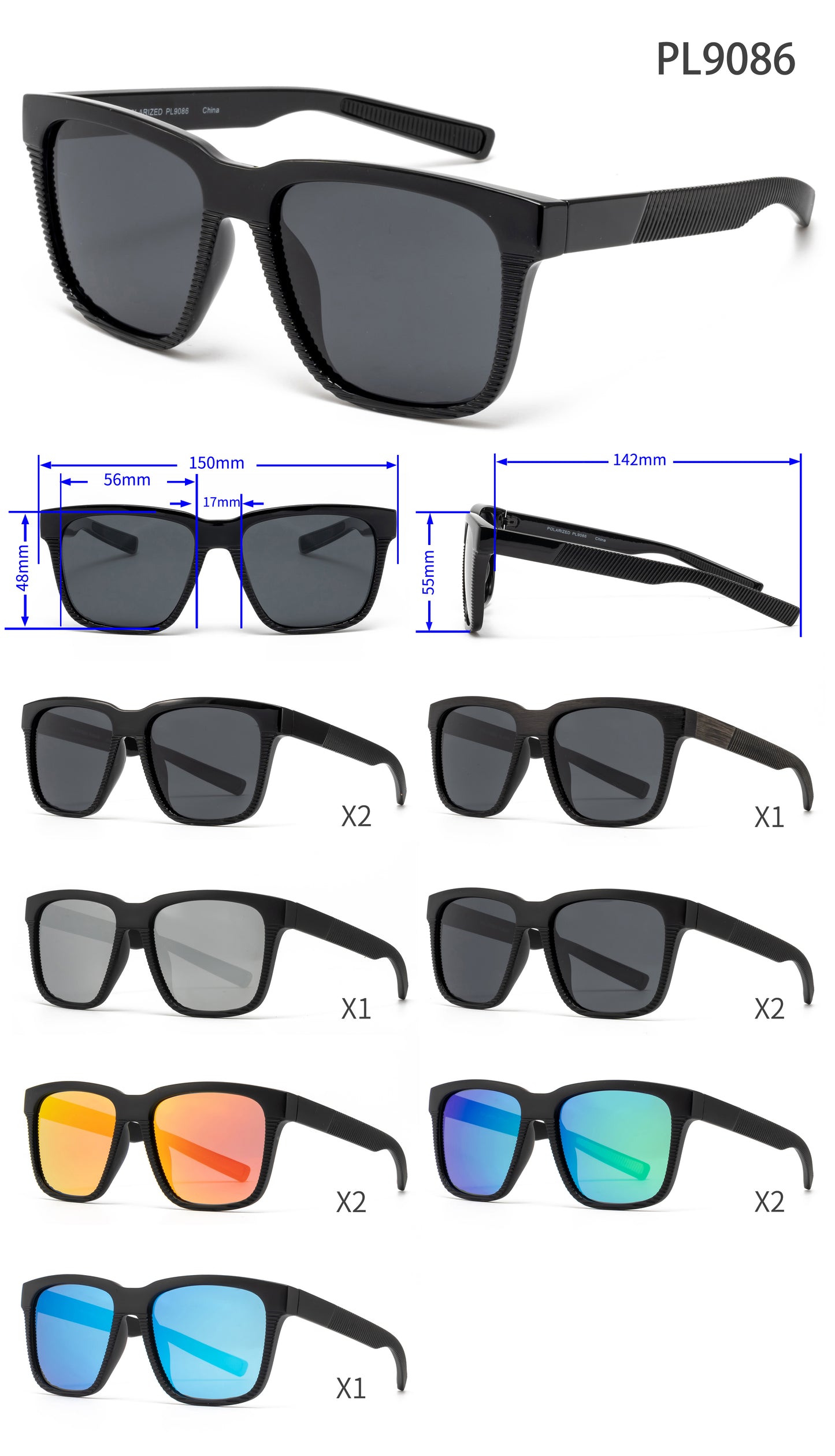 PL 9086 - Polarized Square Men Sport with Color Mirror Lens Plastic Sunglasses