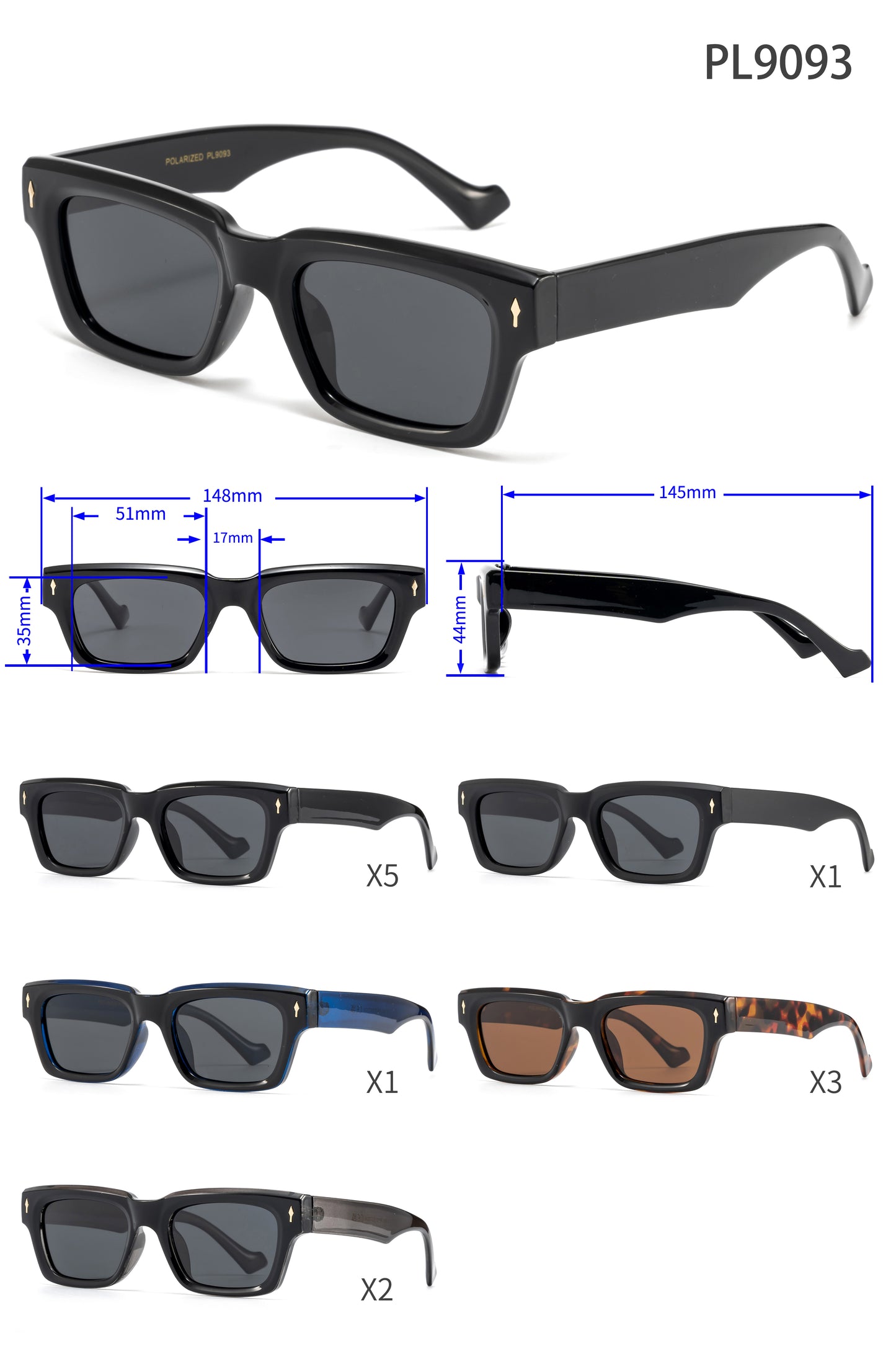 PL 9093 - Thick Rectangular Polarized Plastic Sunglasses