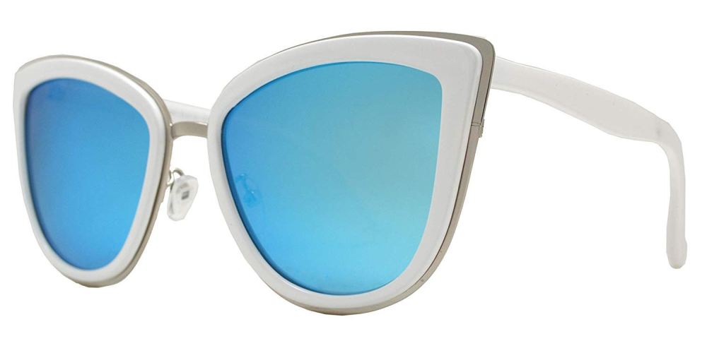 PL 8523 White Blue RV - Polarized Cat Eye White Sunglasses with Blue Mirror Lens