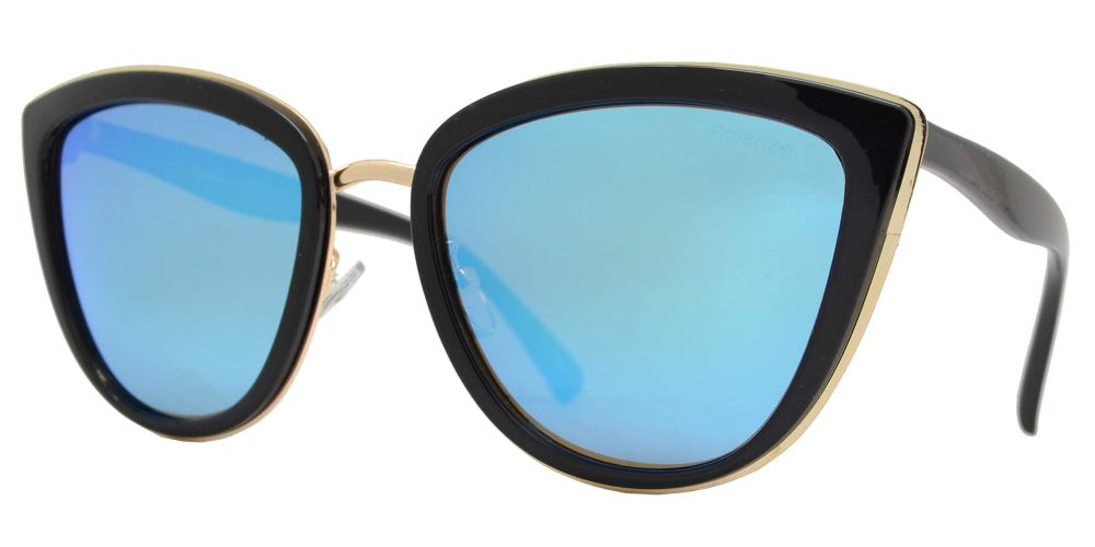 PL 8523 Black Blue RV - Polarized Cat Eye Black Sunglasses with Blue Mirror Lens