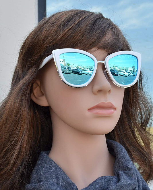 PL 8523 White Blue RV - Polarized Cat Eye White Sunglasses with Blue Mirror Lens
