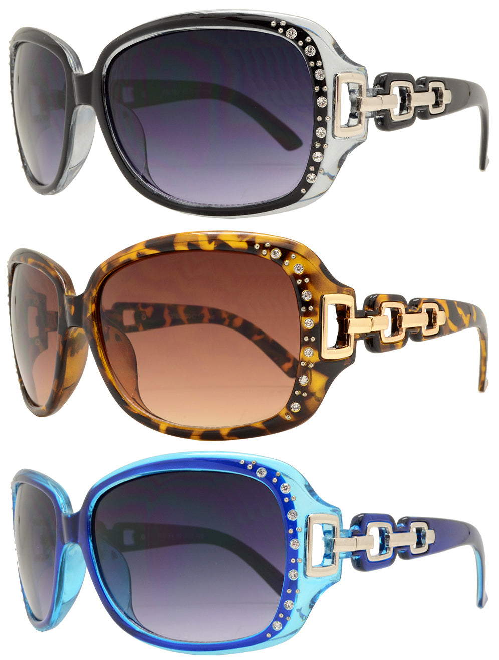 Wholesale - 7521 BX - Square Clear Color Frame Sunglasses with Rhinestone and Chain Detail Temple - Dynasol Eyewear