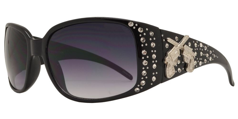 Wholesale - 7651 - Double Pistol Concho Oval Sunglasses with Rhinestones - Dynasol Eyewear