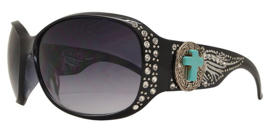 Wholesale - 8120 - Women's Large Square Sunglasses with Rhinestones and Blue Cross Concho - Dynasol Eyewear