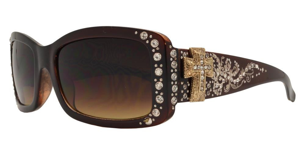 Wholesale - 8121 - Women's Rectangular Fashion Sunglasses with Rhinestones and Cross Concho - Dynasol Eyewear