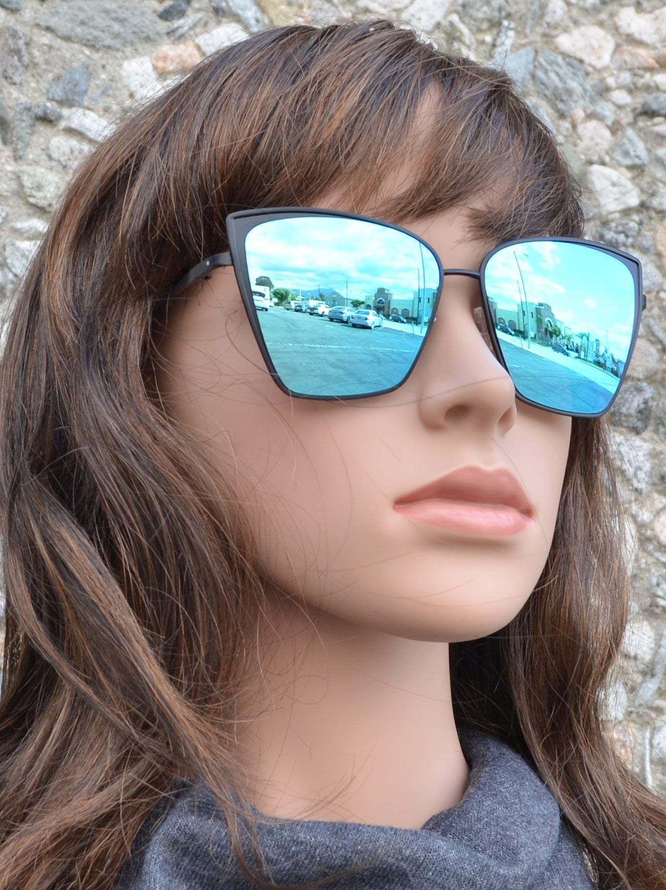 FC 6365 Blue RVC - Square Cat Eye Sunglasses with Blue Mirror Lens