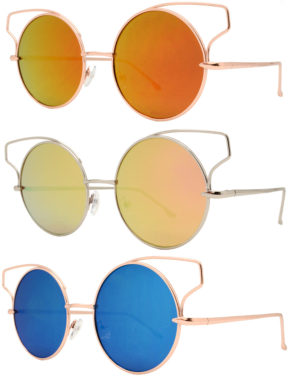 8592 - Round Metal Cut Out Frame Sunglasses with Color Mirror Lens