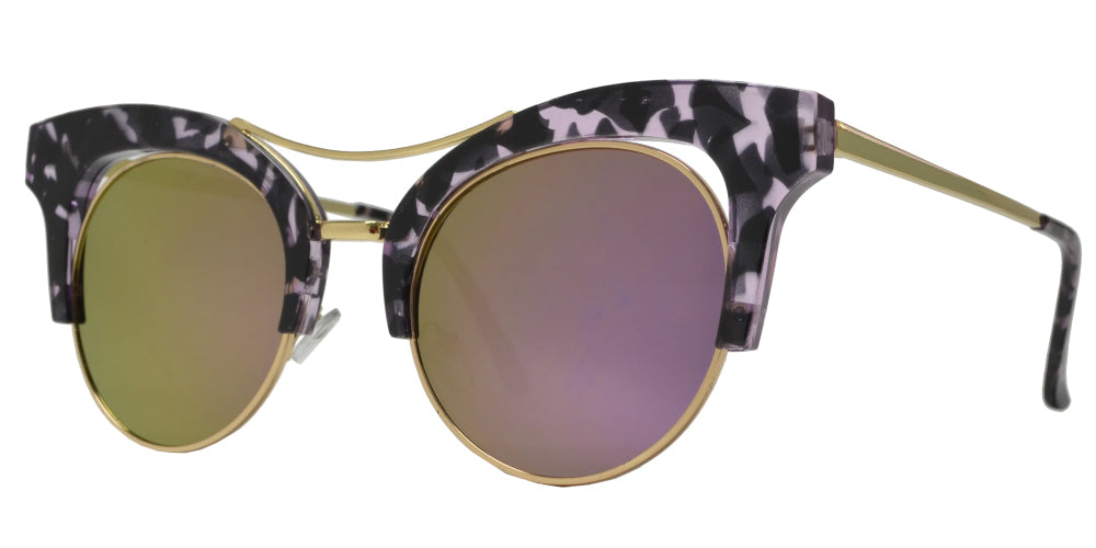 7918 RVC - Horn Rimmed Cat Eye Half Frame Sunglasses with Round Color Mirror Flat Lens