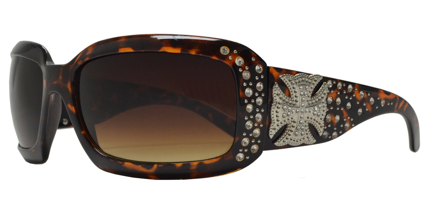 7674 - Rectangular Chunky Sunglasses with Cross Concho and Rhinestones
