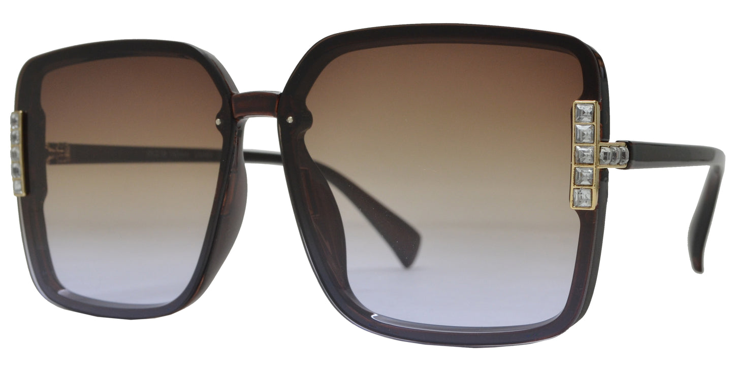 8014 - Rimless Square Plastic Sunglasses with Rhinestones on Side