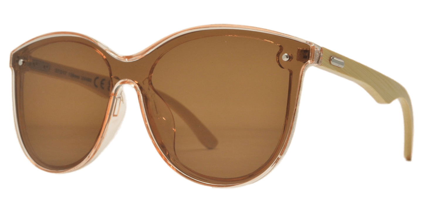 7982 Bamboo - Round Plastic Cat Eye Sunglasses with Bamboo Temple